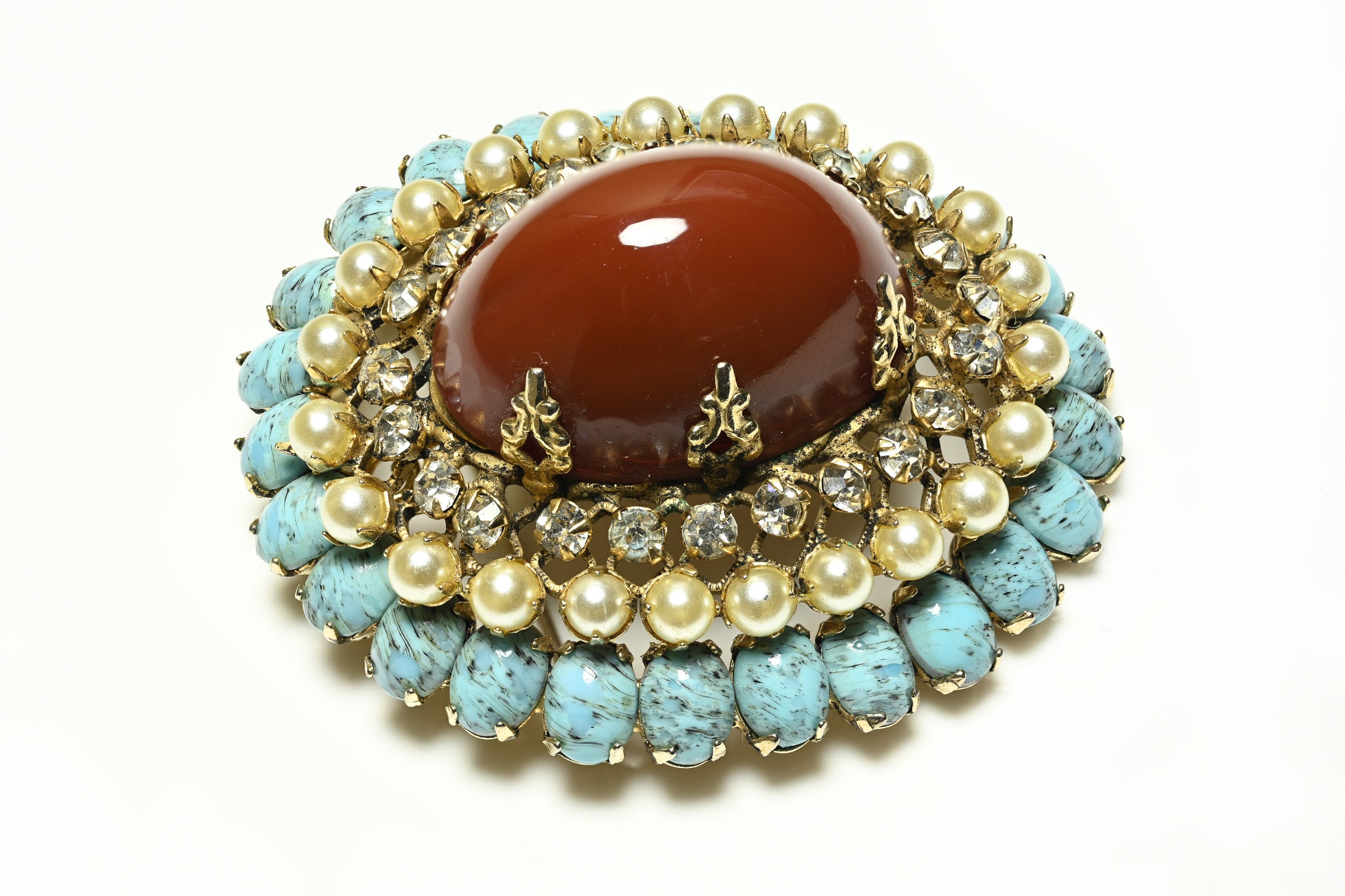 Vintage 1960's Schreiner NY Turquoise Blue Pearl Brooch