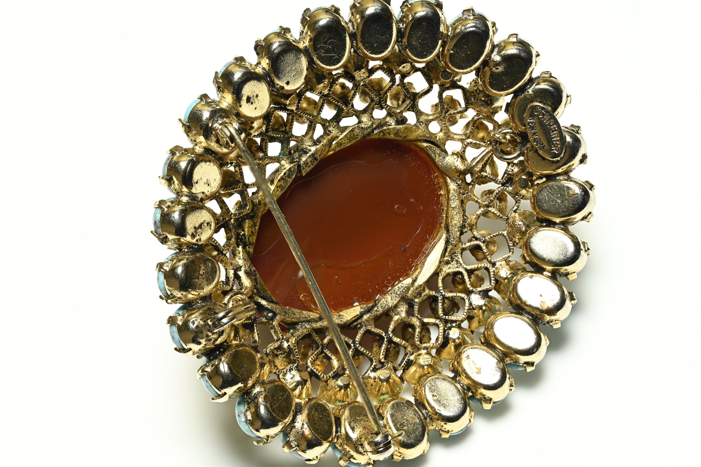 Vintage Schreiner NY Turquoise Blue Pearl Red Cabochon Brooch