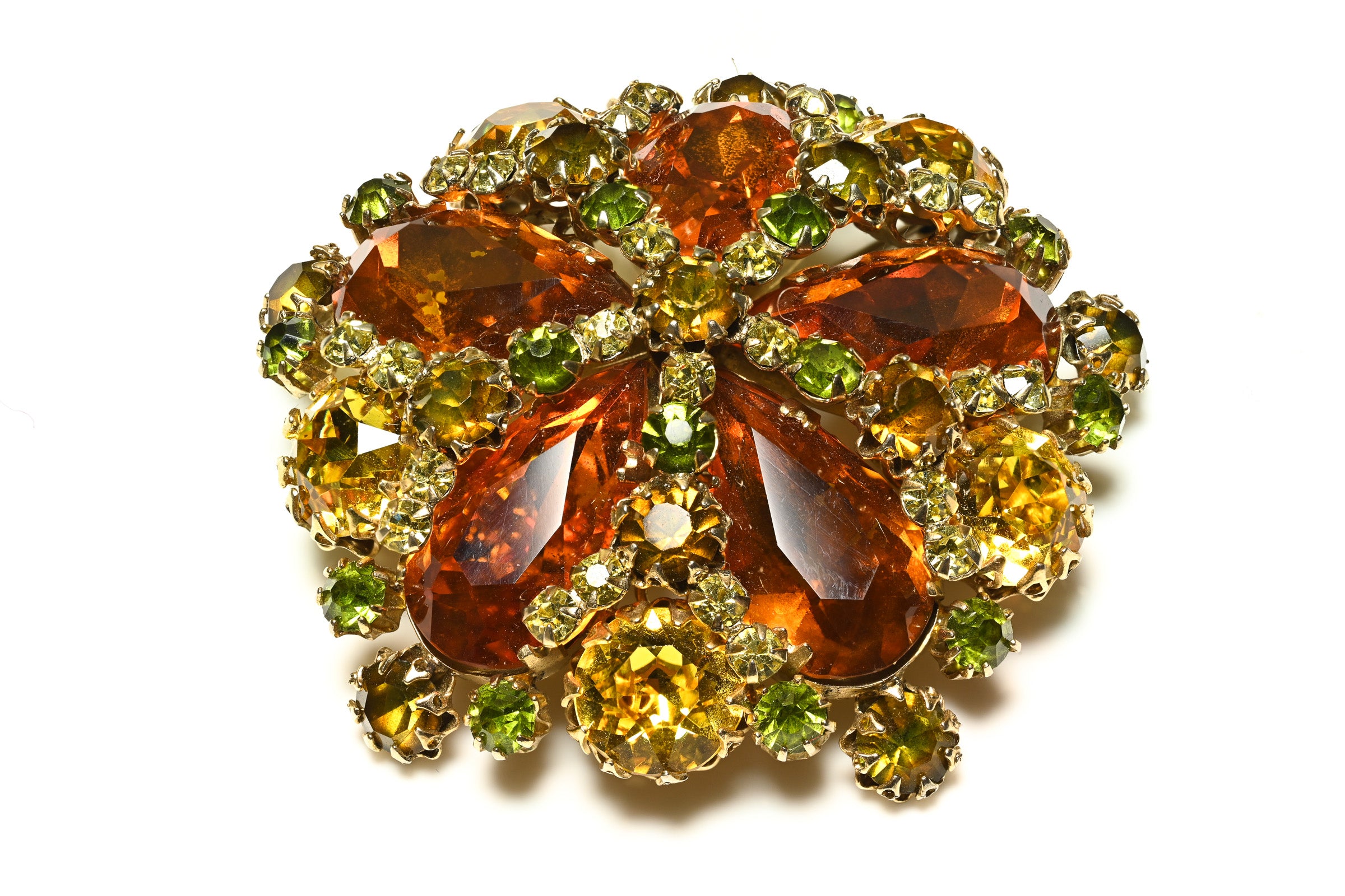 Vintage Schreiner NY Brown Green Crystal Large Brooch 1