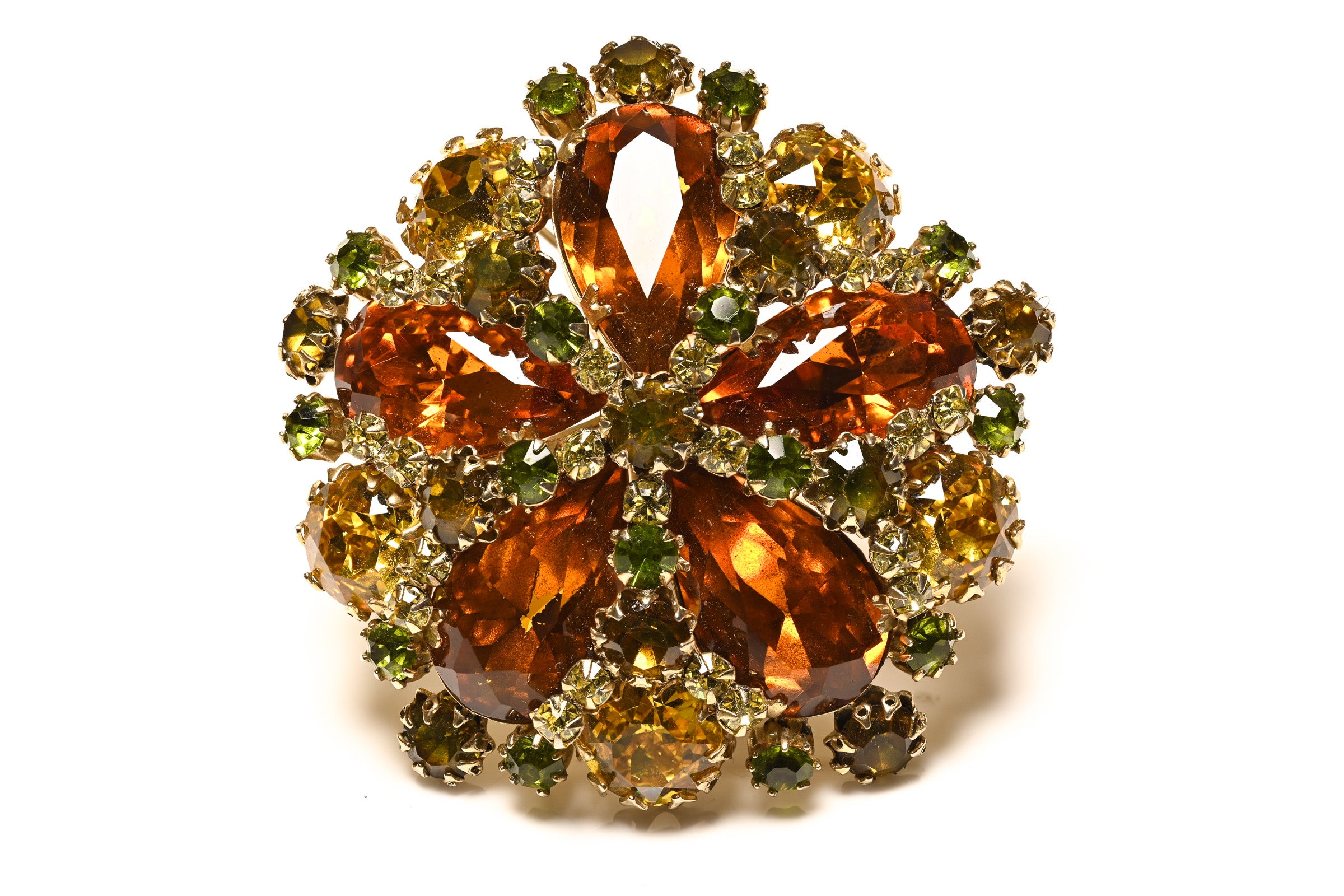 Vintage Schreiner NY Brown Green Crystal Large Brooch