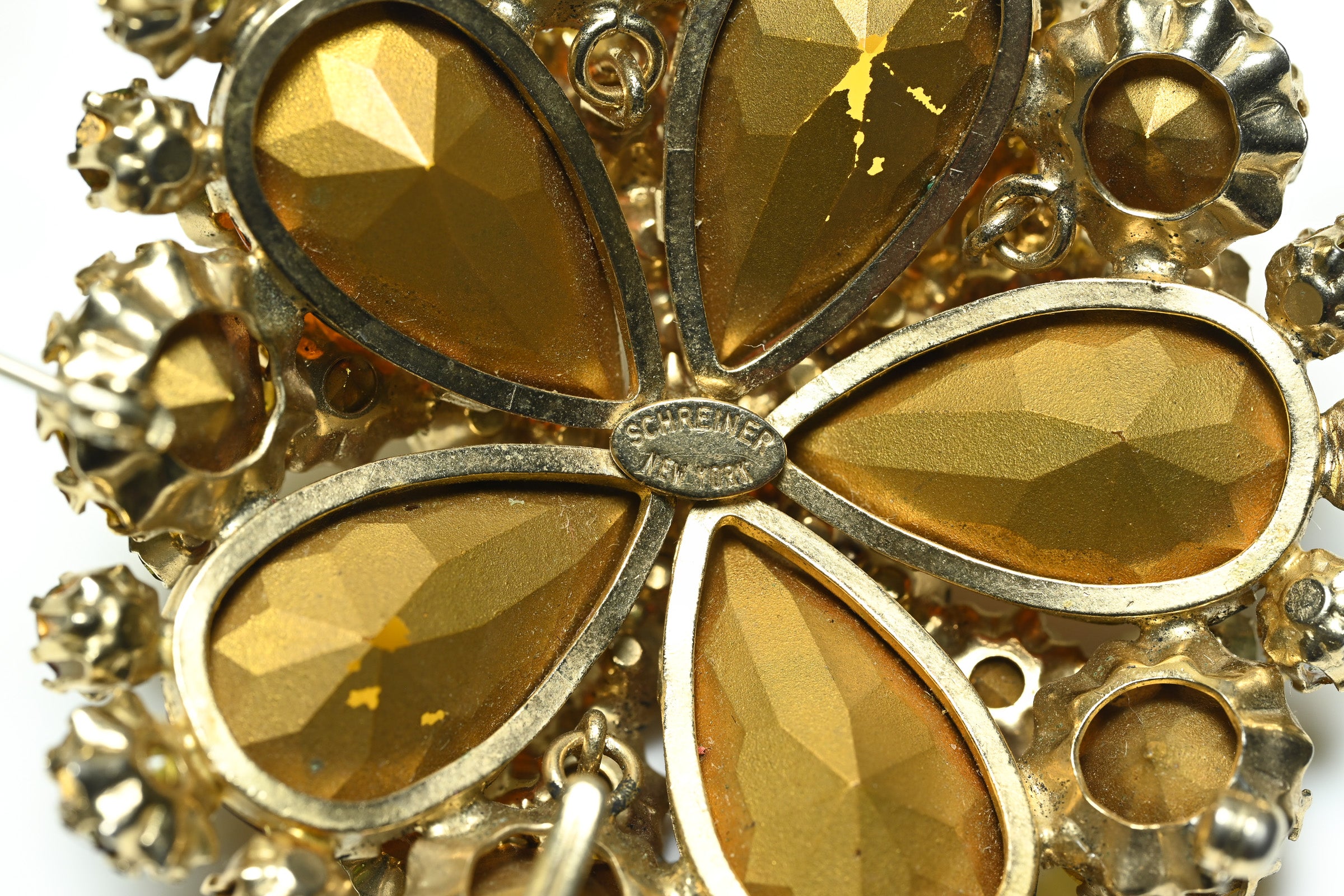 Vintage Schreiner NY Brown Green Crystal Large Brooch 3