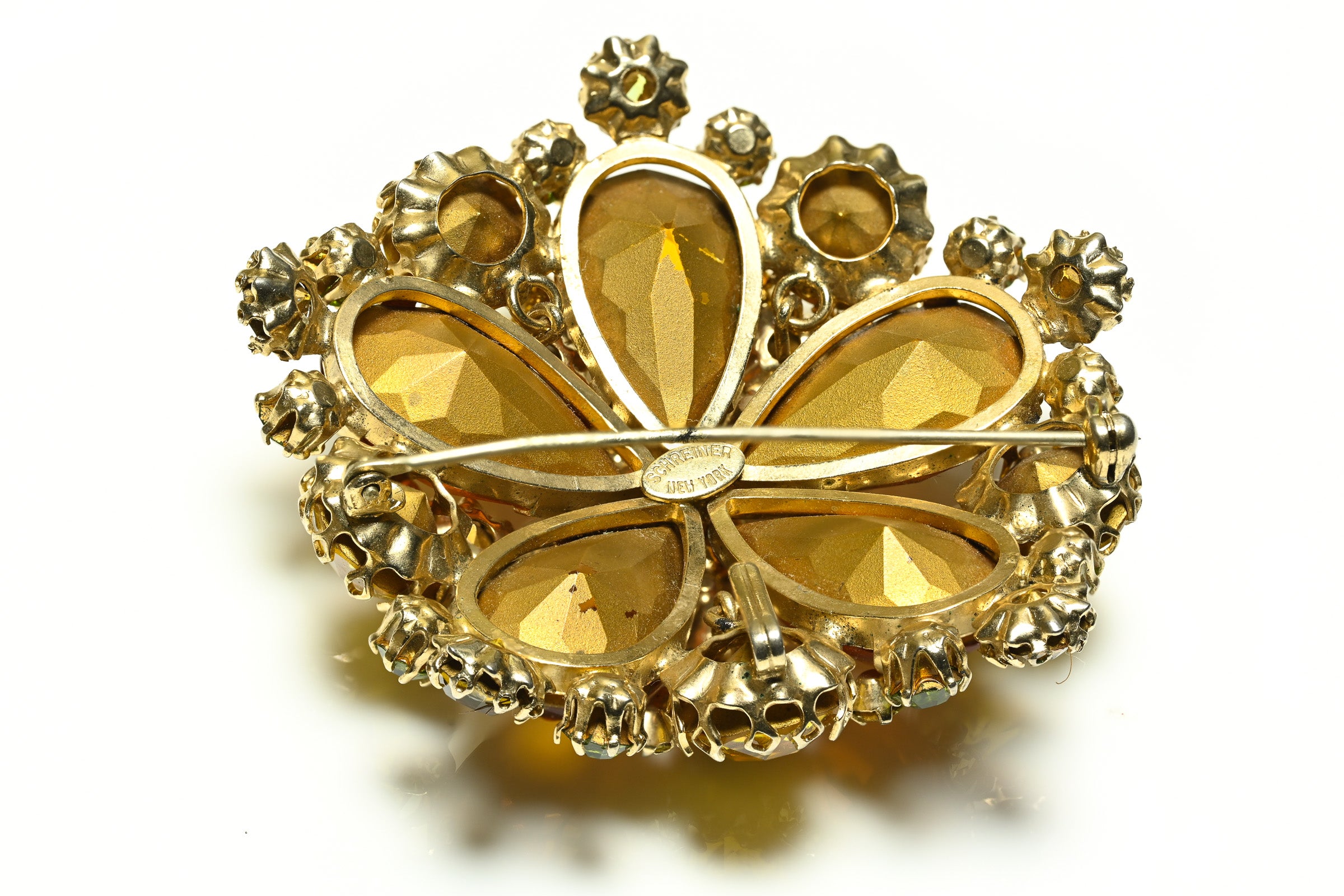 Vintage Schreiner NY Brown Green Crystal Large Brooch 2