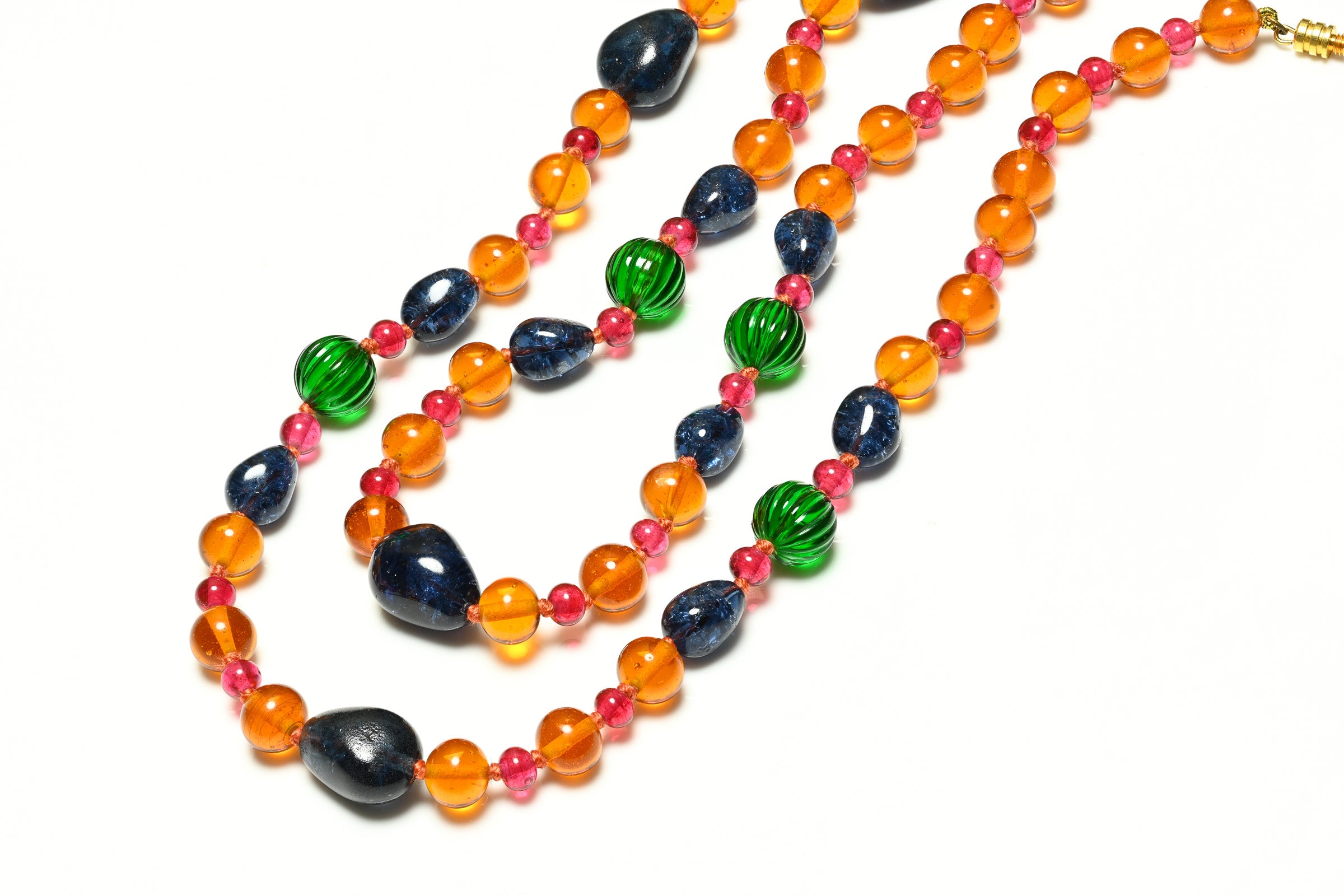 Vintage Kenneth Jay Lane Orange Green Glass Beads Sautoir Necklace
