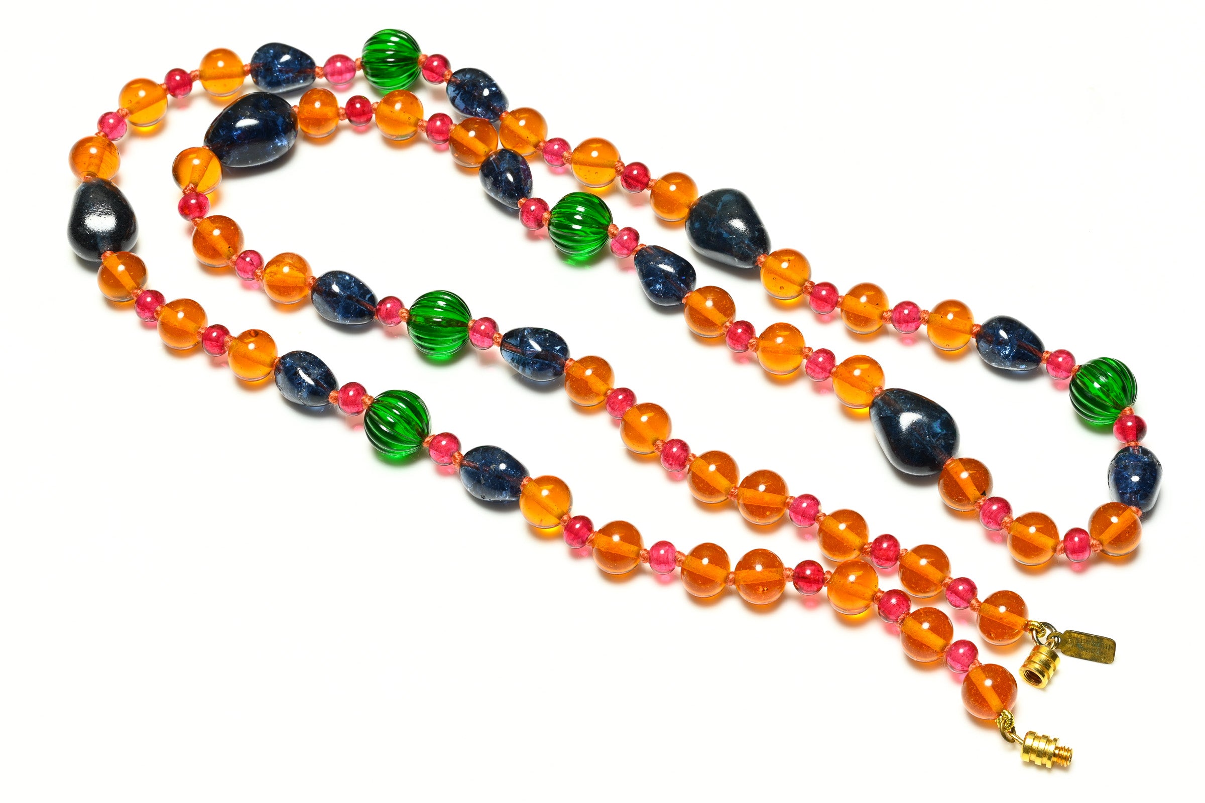 Vintage Kenneth Jay Lane Orange Green Glass Beads Sautoir Necklace 2