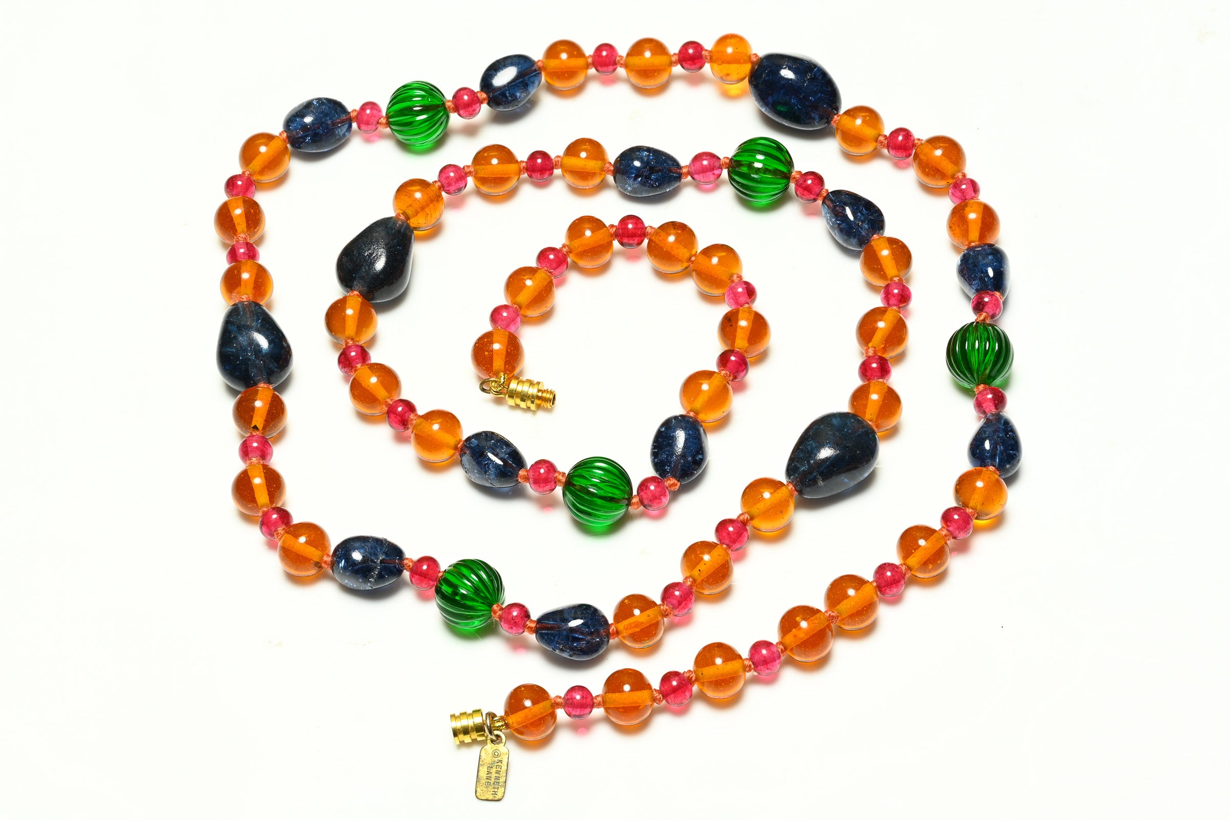 Vintage Kenneth Jay Lane Orange Green Glass Beads Sautoir Necklace