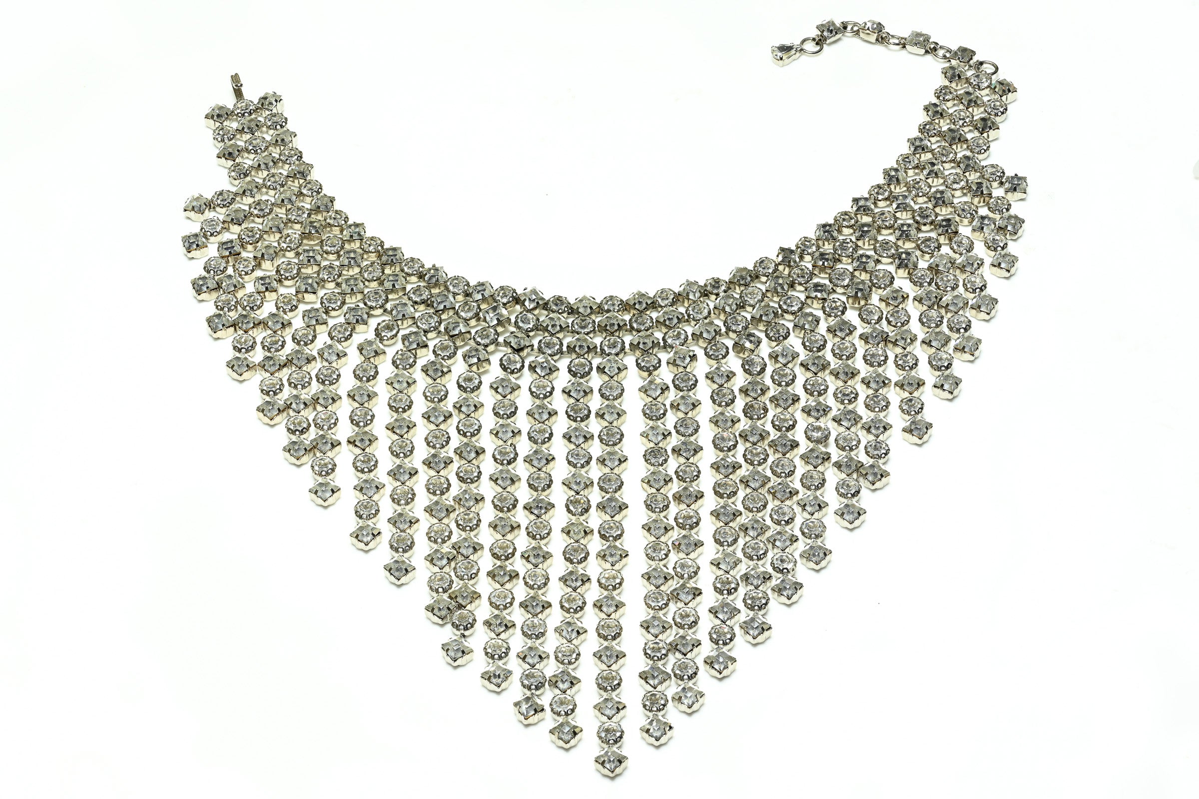 Vintage Schreiner NY Rhodium Plated Crystal Large Bib Fringe Necklace