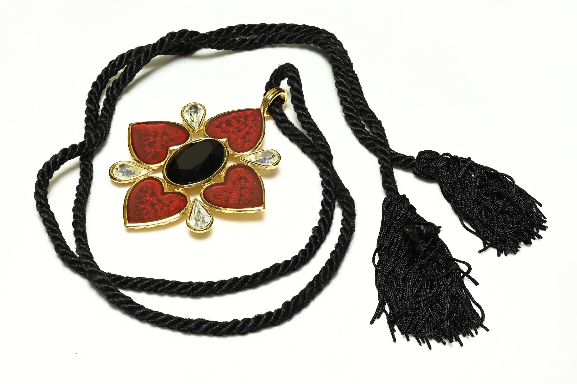 Vintage Yves Saint Laurent Red Enamel Black Crystal Heart Pendant Necklace