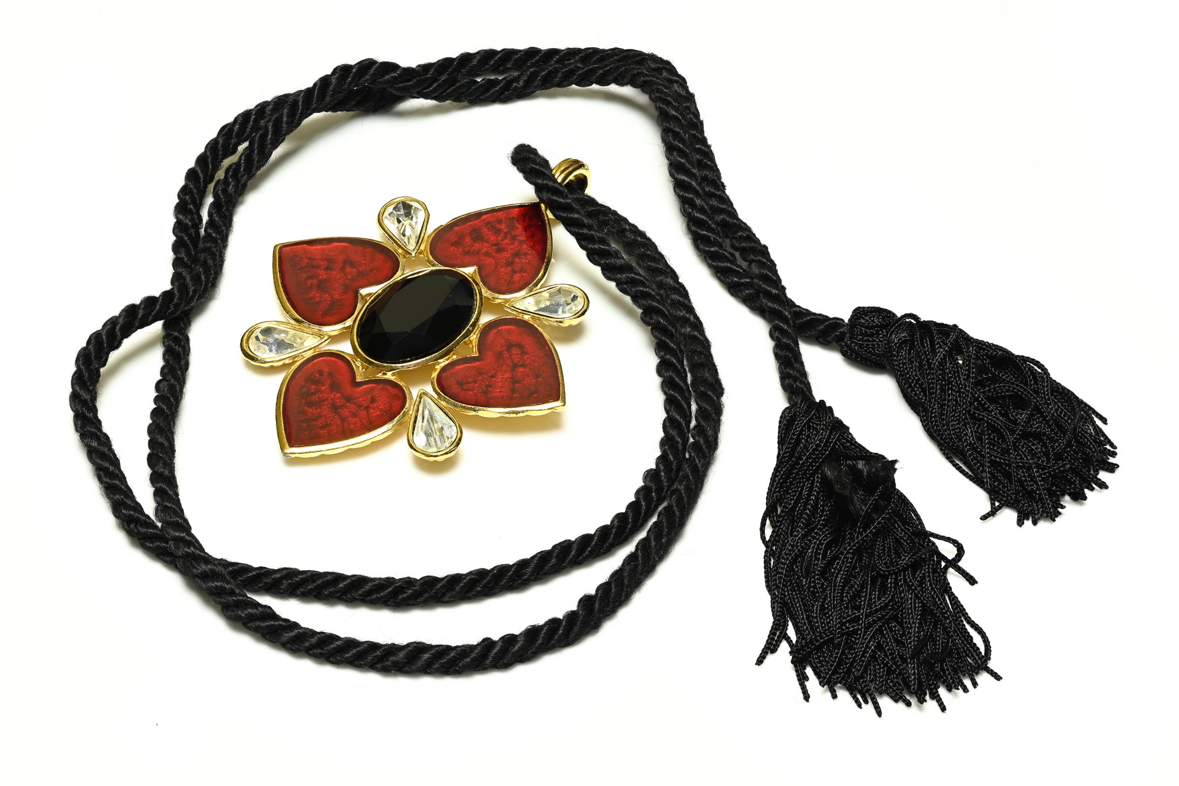 Vintage Yves Saint Laurent Red Enamel Black Crystal Heart Pendant Necklace 1