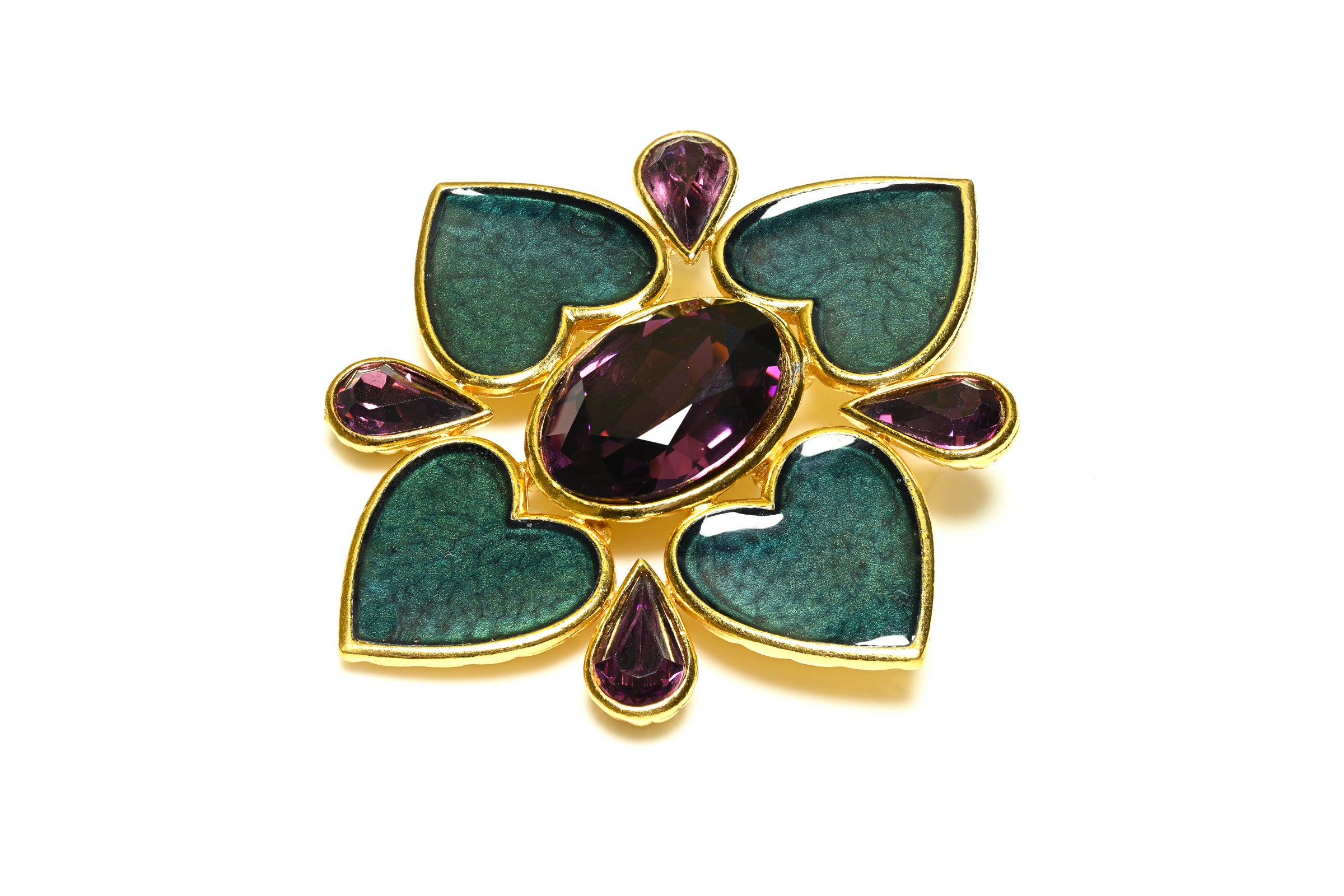 Vintage Yves Saint Laurent Green Enamel Purple Crystal Heart Brooch 1
