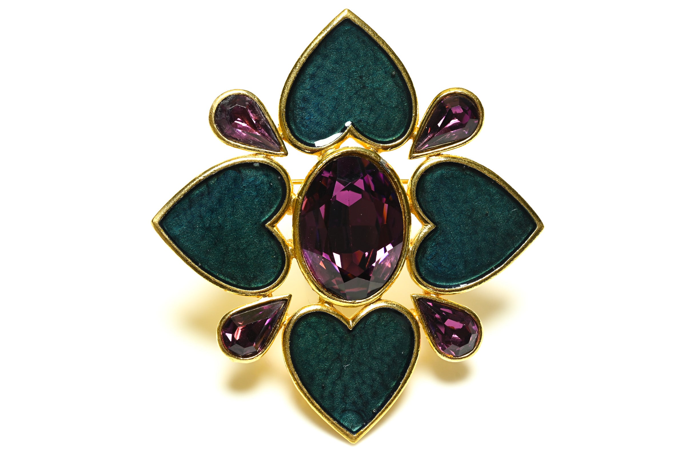 Vintage Yves Saint Laurent Green Enamel Purple Crystal Heart Brooch