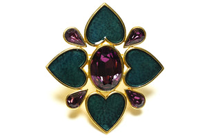Vintage Yves Saint Laurent Green Enamel Purple Crystal Heart Brooch