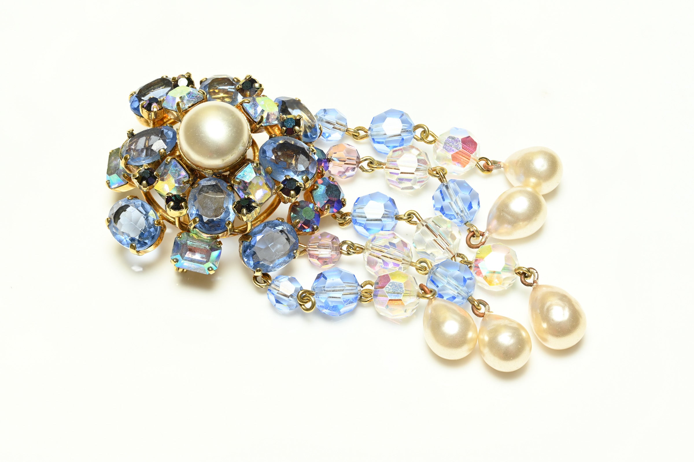 Vintage Christian Dior 1958 Yves Saint Laurent Pearl Blue Crystal Tassel Brooch 1