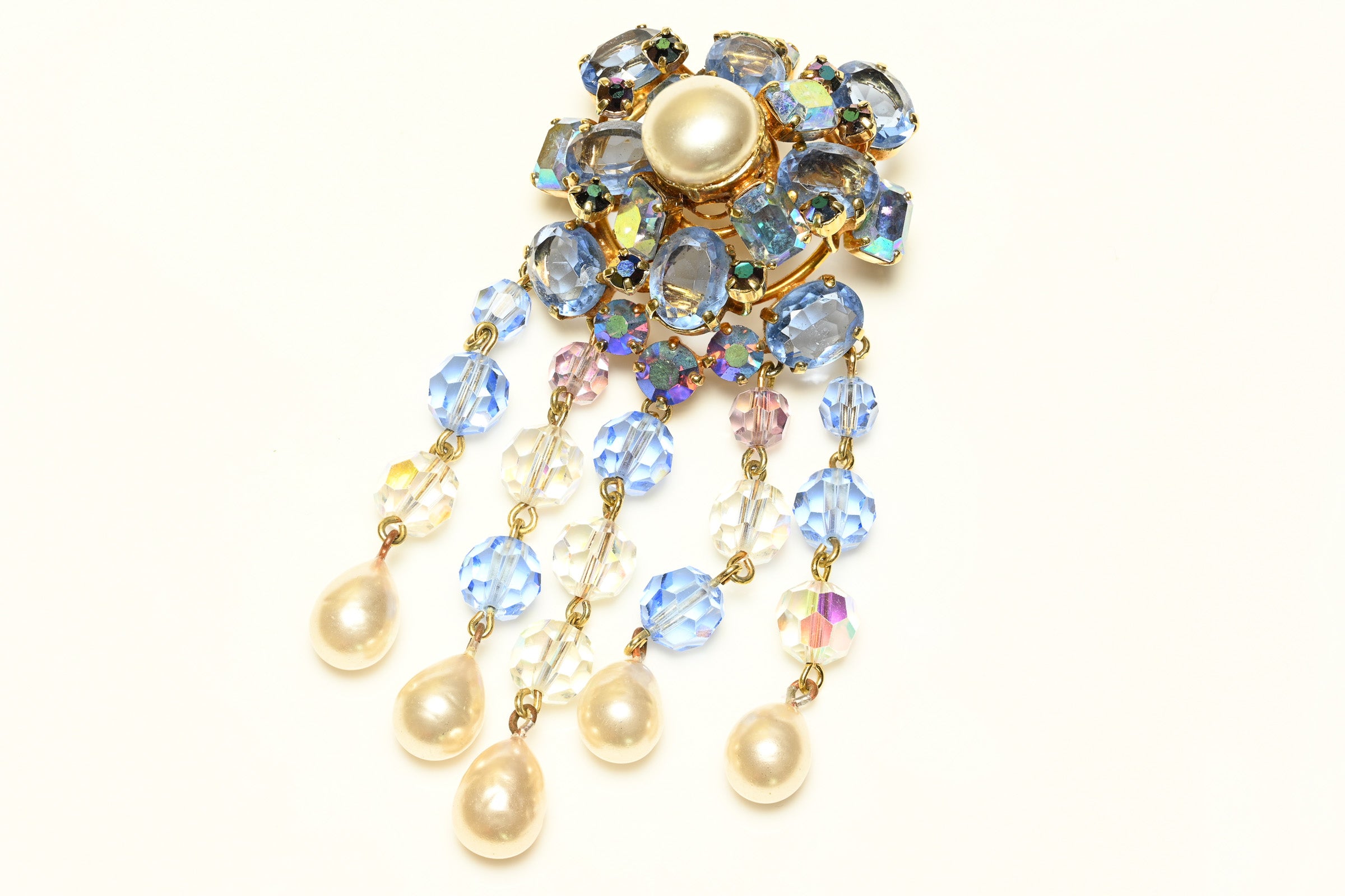 Vintage Christian Dior 1958 Yves Saint Laurent Pearl Blue Crystal Tassel Brooch