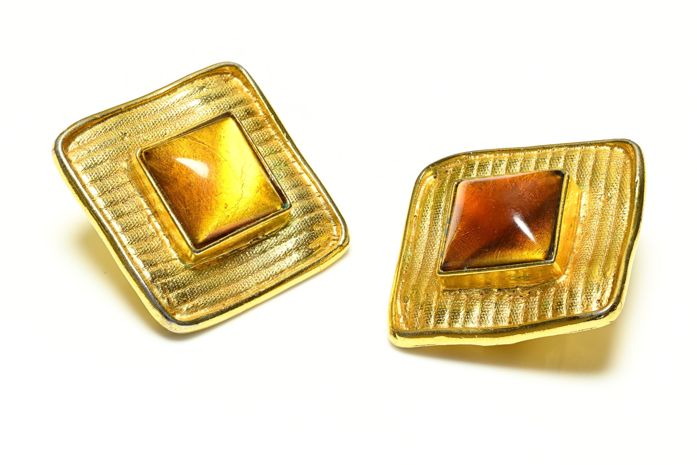 Vintage Antigona Paris Gold Plated Brown Cabochon Glass Earrings 1