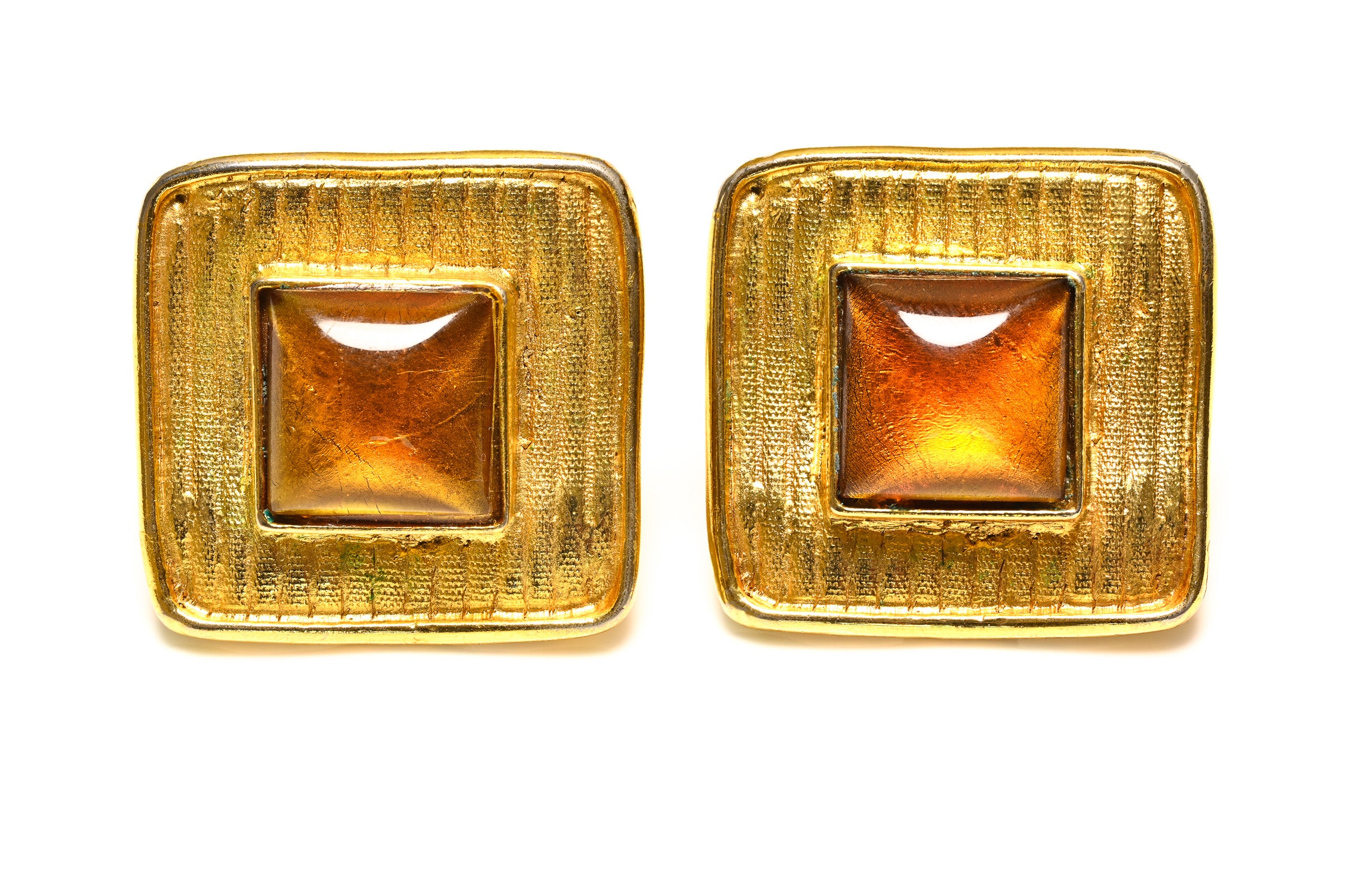 Vintage Antigona Paris Gold Plated Brown Cabochon Glass Earrings