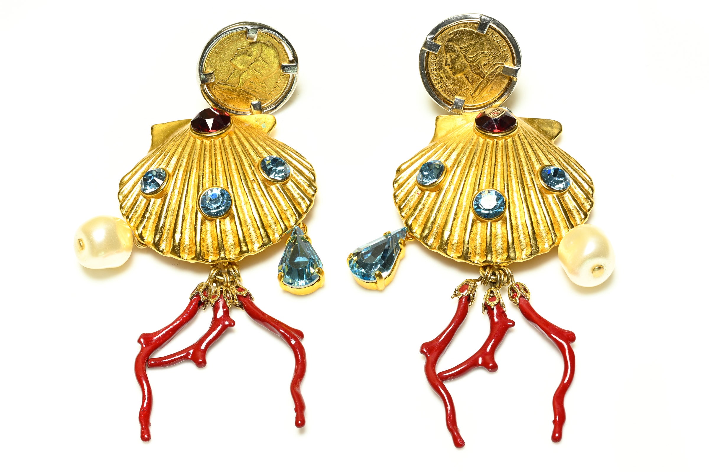 Dolce and Gabbana Gold Plated Pearl Blue Crystal Shell Coin Earrings
