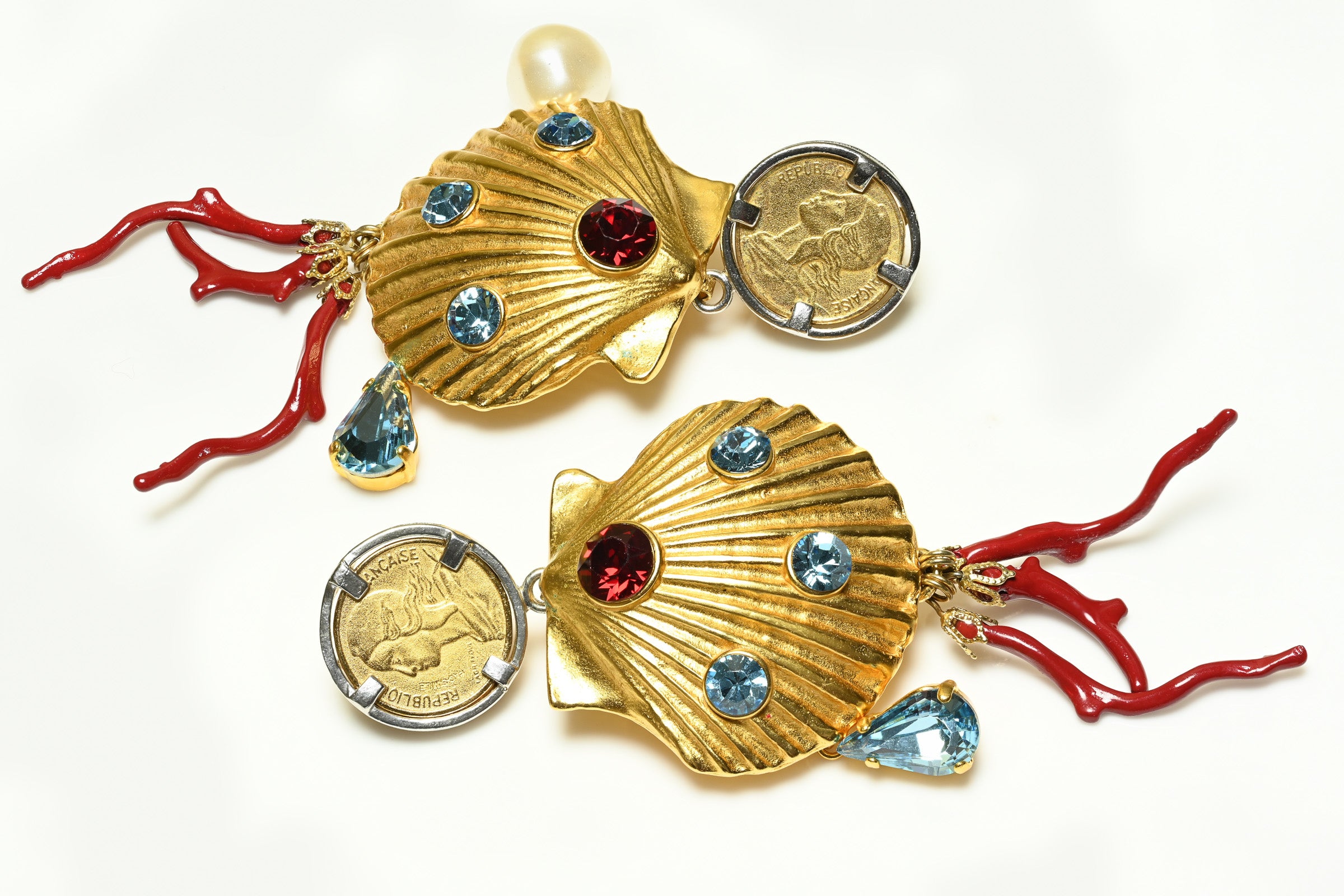 Dolce and Gabbana Gold Plated Pearl Blue Crystal Shell Coin Earrings 1