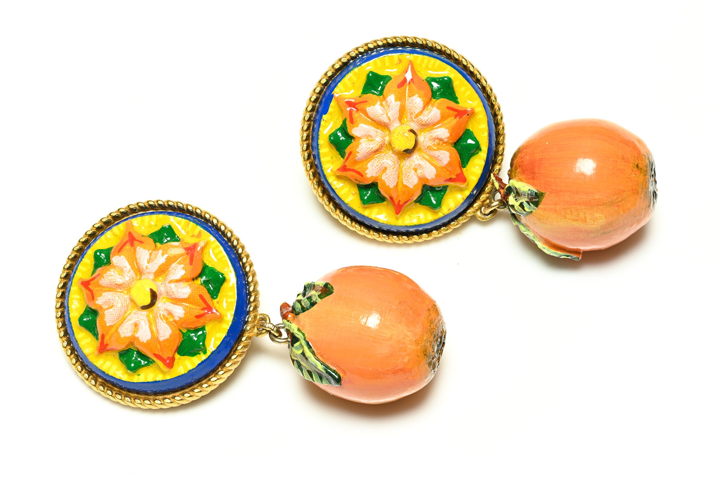 Dolce and Gabbana Green Yellow Enamel Orange Fruit Earrings