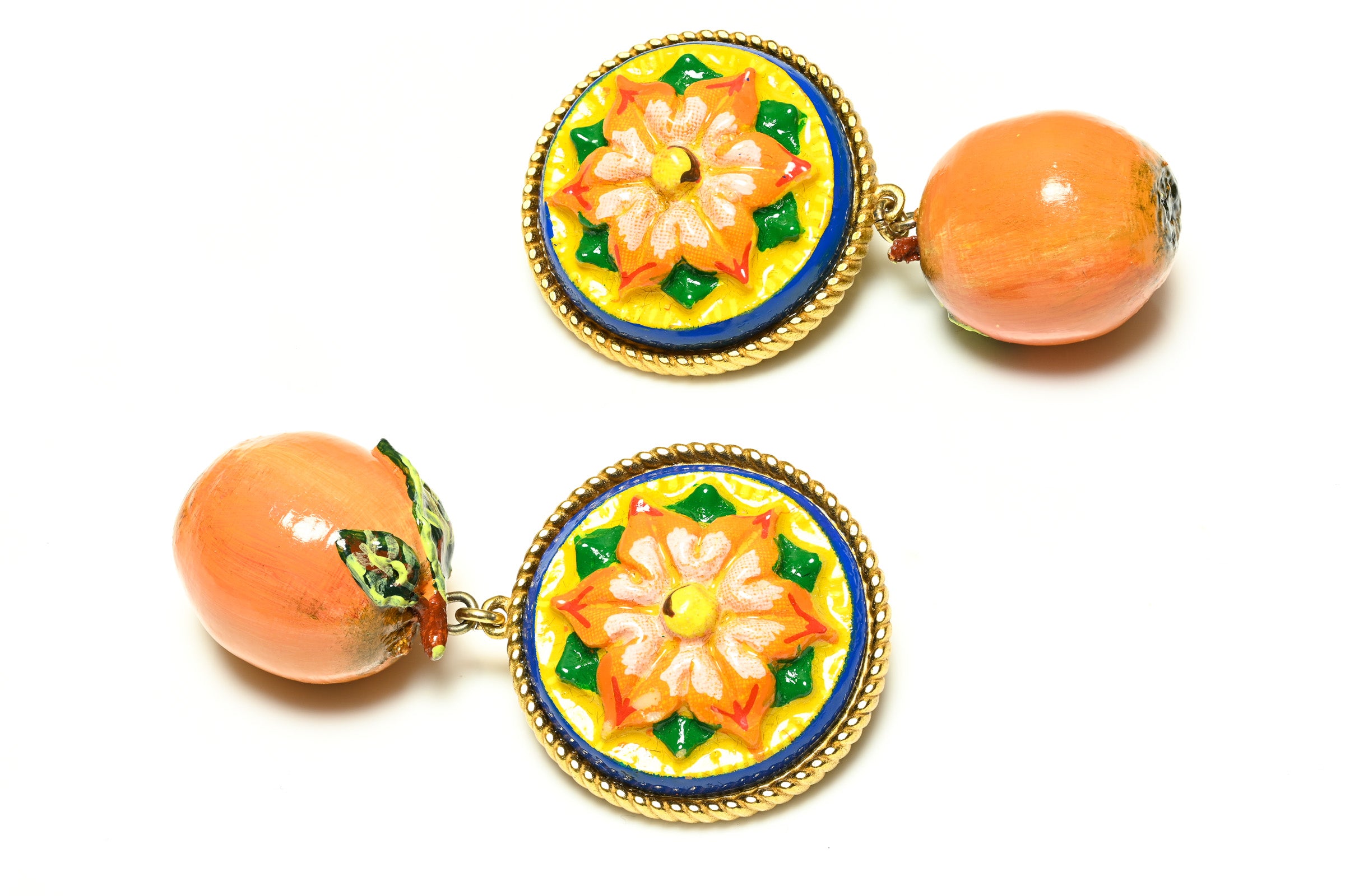 Dolce and Gabbana Green Yellow Enamel Orange Fruit Earrings 1