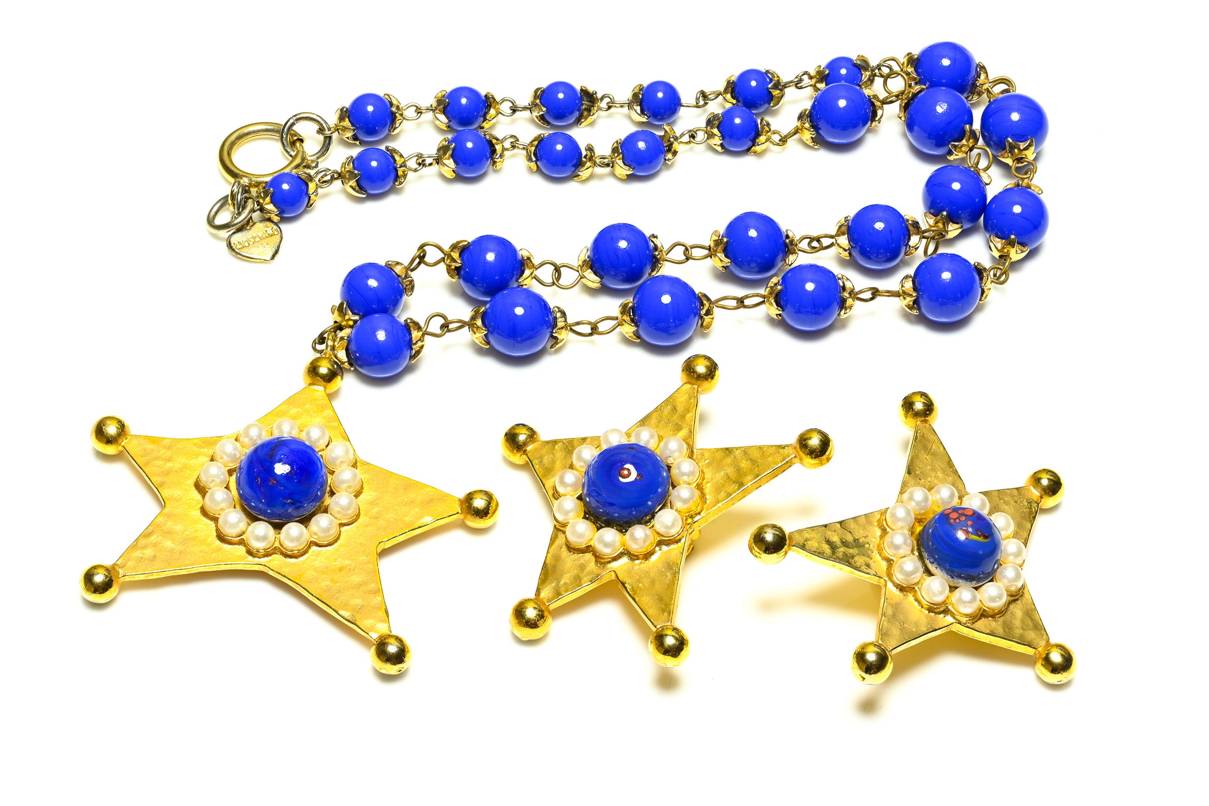 Vintage Moschino Couture Blue Glass Beads Pearls Star Earrings Necklace Set