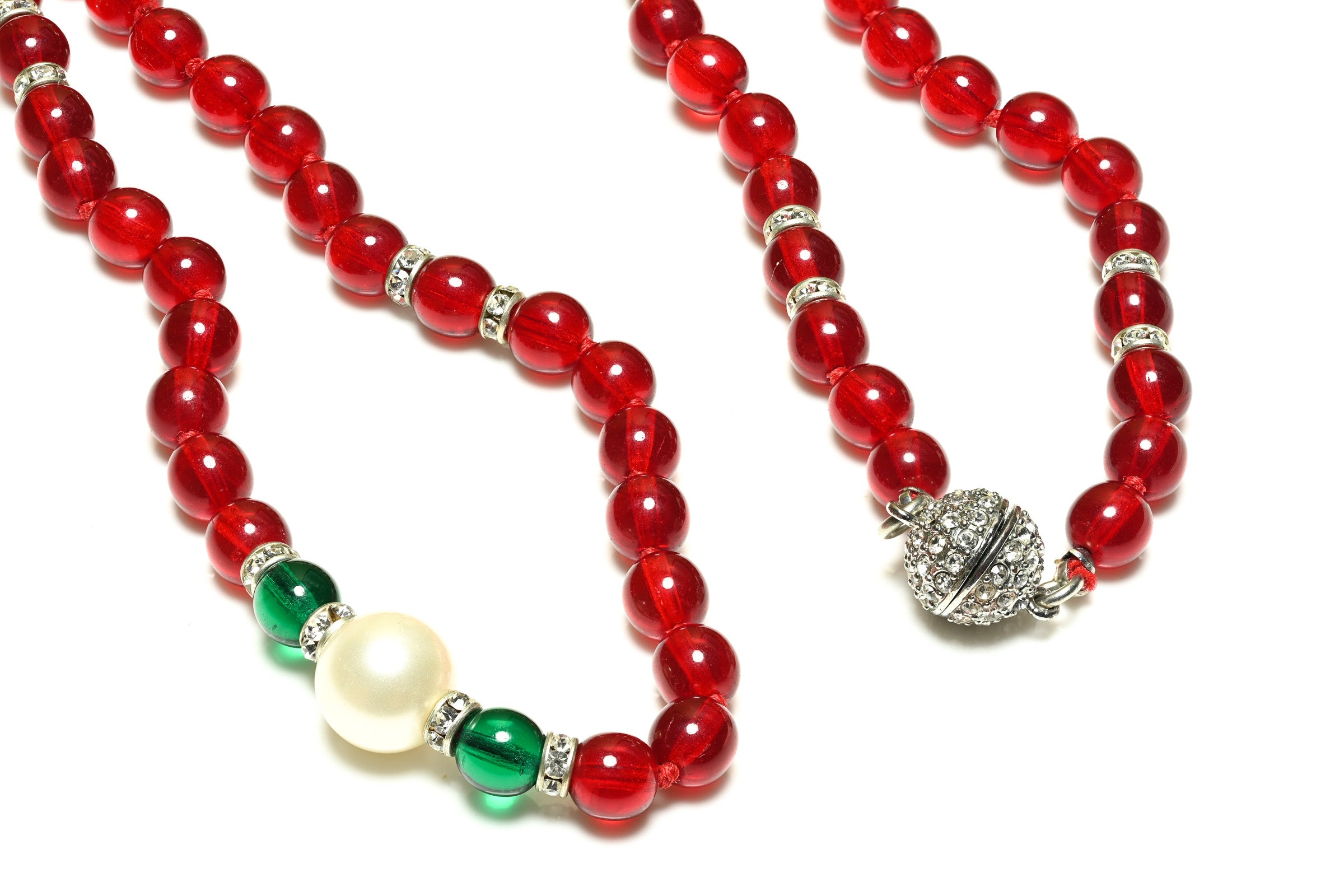Vintage Mughal Style Red Green Glass Beads Pearl Sautoir Necklace 1