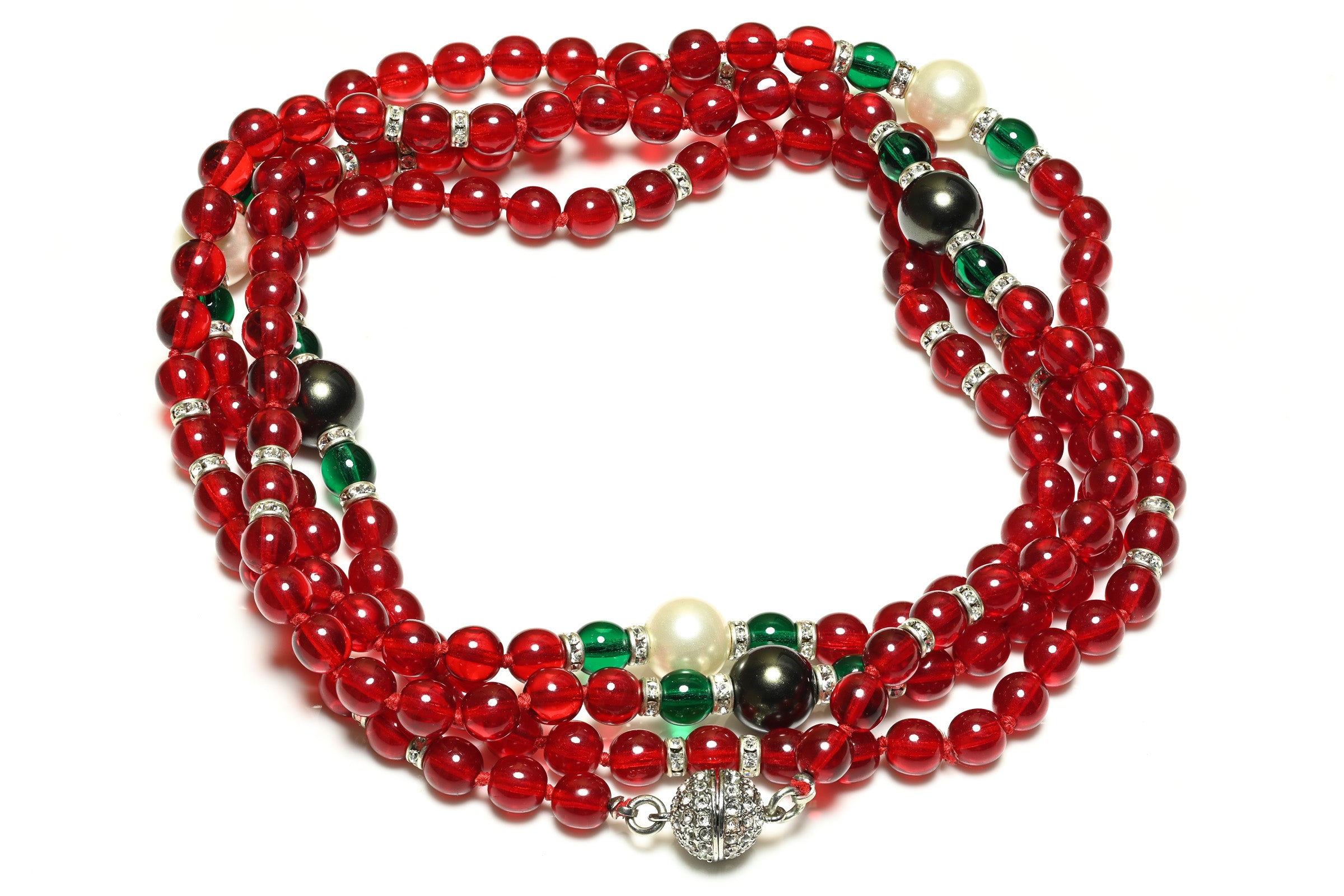 Vintage Mughal Style Red Green Glass Beads Pearl Sautoir Necklace