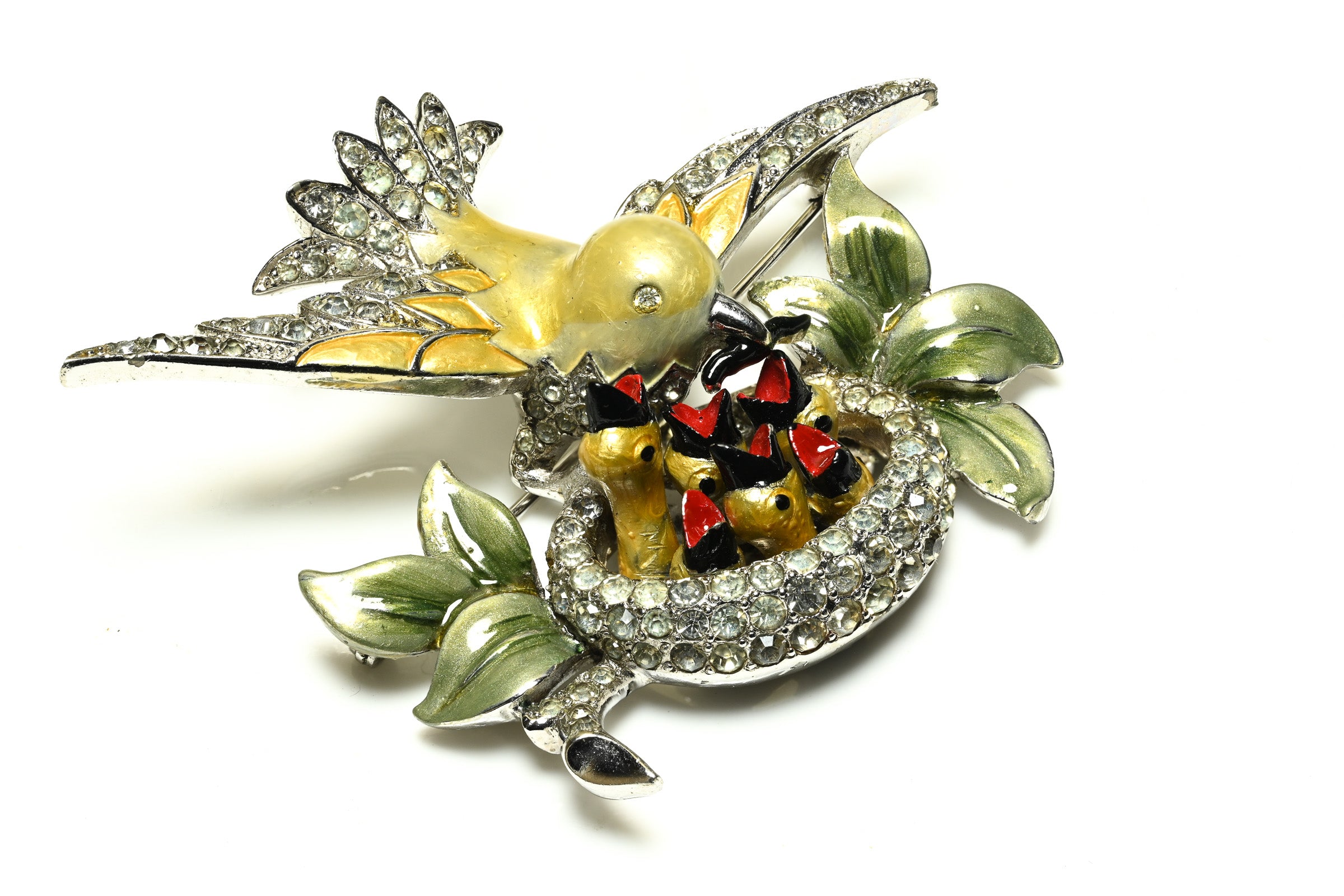 Marcel Boucher 1940's Enamel Crystal Mother Bird Nest Brooch