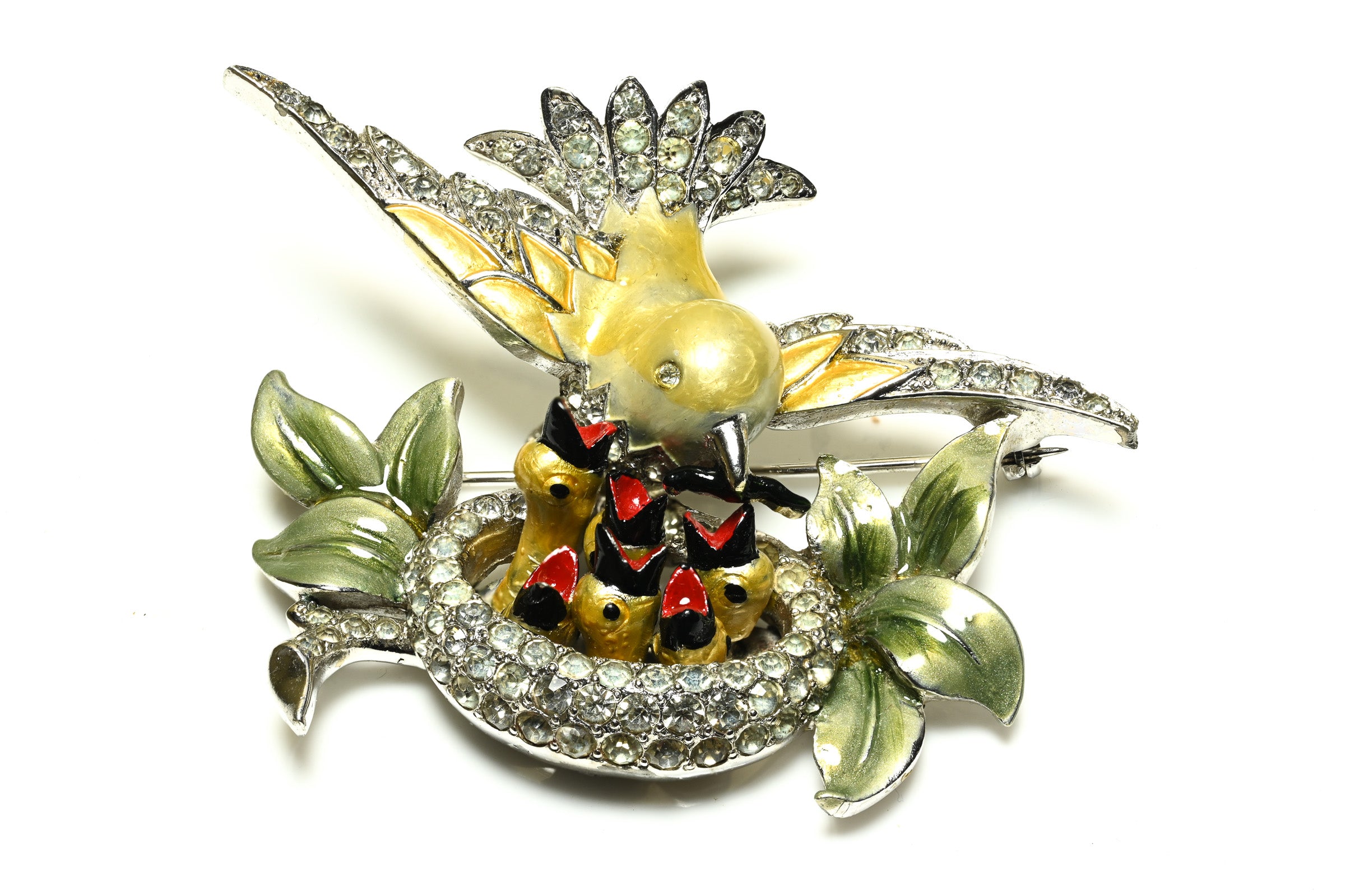 Marcel Boucher 1940's Enamel Crystal Mother Bird Nest Brooch 1