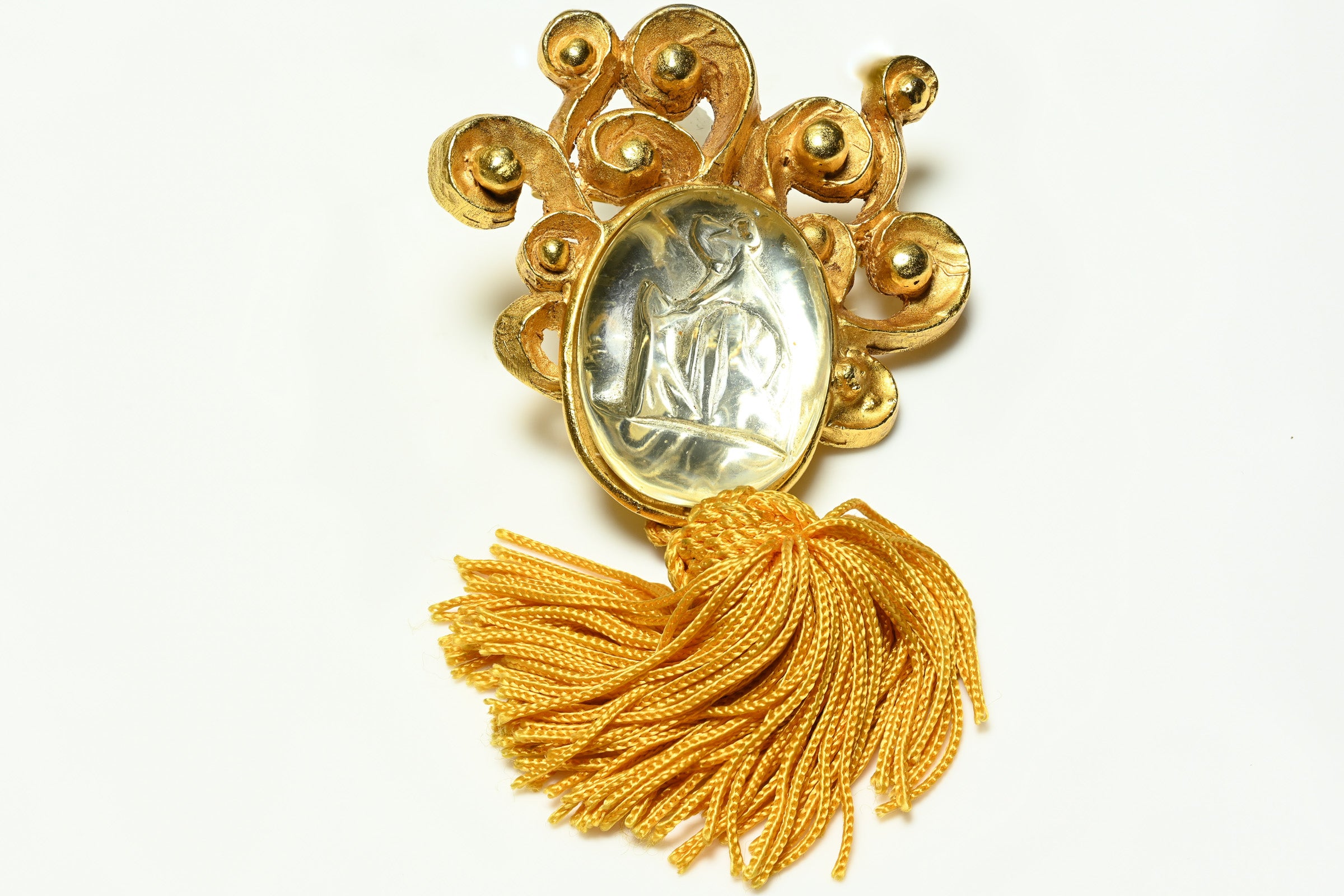 Vintage Lanvin Paris Carved Lucite Logo Tassel Brooch 1