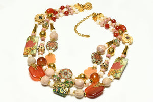 Vintage Barrera Orange Green Millefiori Agate Beads Collar Necklace