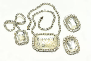 Vintage Clear Carved Flower Crystal Bow Brooch Necklace Earrings Set