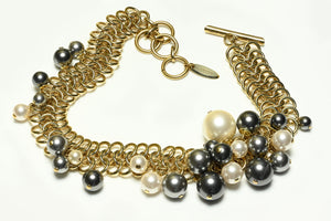 Lanvin Paris Gold Plated Chain Black White Pearl Collar Necklace