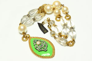Gerard Yosca Green Enamel Pearl Lucite Large Pendant Necklace