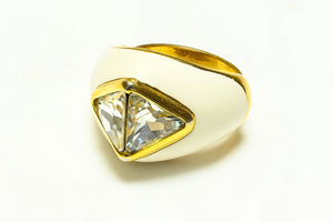 Vintage Christian Dior Paris White Enamel Crystal Cocktail Ring