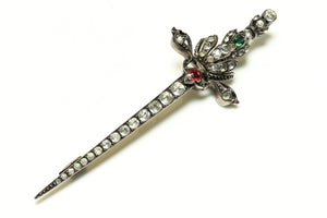 Antique 1890 Silver Gold Green Red Paste Sword Brooch
