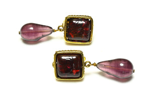 Vintage Chanel Paris Maison Gripoix Red Purple Glass Drop Earrings