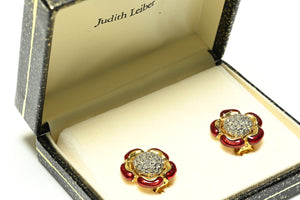 Vintage Judith Leiber Red Enamel Crystal Flower Earrings