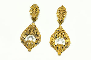 Vintage Michael Carlson Long Gold Plated Crystal Filigree Earrings