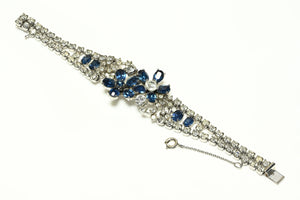 Vintage Christian Dior by Mitchel Maer Rhodium Plated Blue Crystal Flower Bracelet