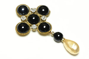 Vintage Paul Caillol Paris Black Cabochon Glass Pearl Cross Brooch