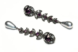 Lanvin Paris Purple Crystal Gray Pearl Long Earrings