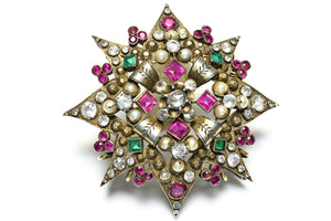 Antique 1890 Silver Pink Green Paste Pearl Starburst Brooch