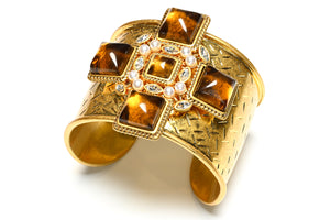 Vintage Wide Gold Plated Brown Cabochon Glass Pearl Cross Cuff Bracelet