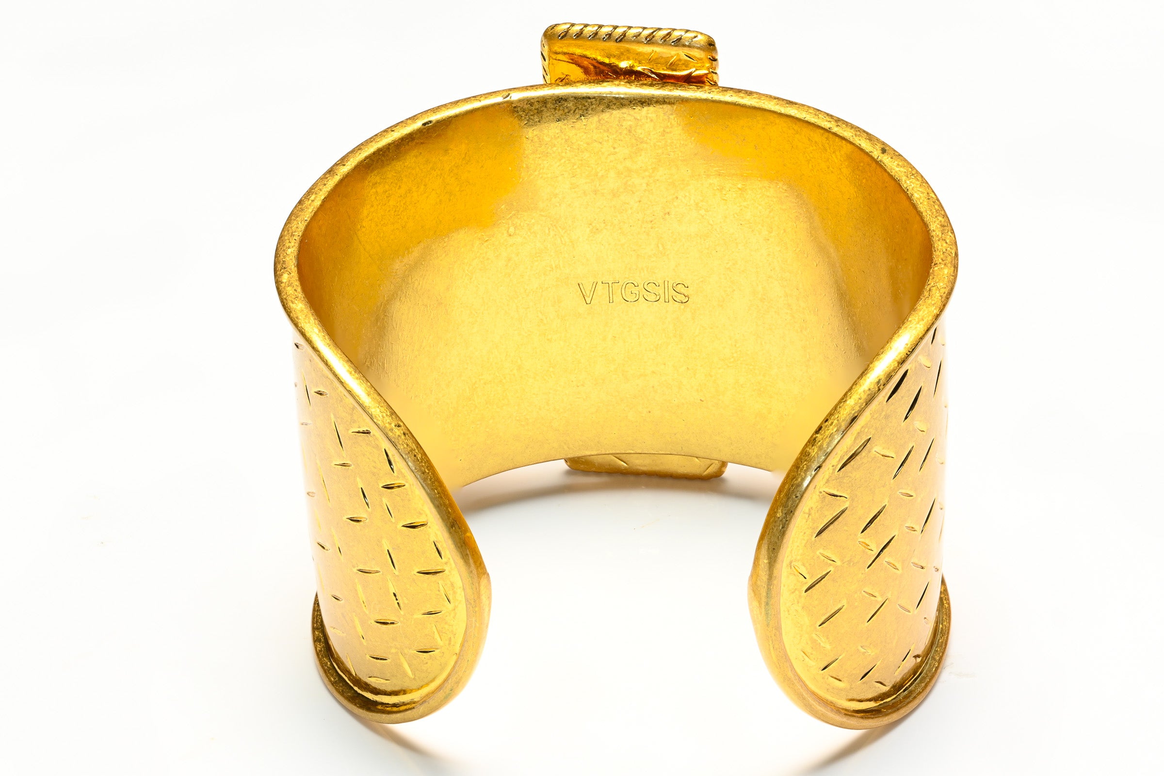 Vintage Wide Gold Plated Brown Cabochon Glass Pearl Cross Cuff Bracelet 3