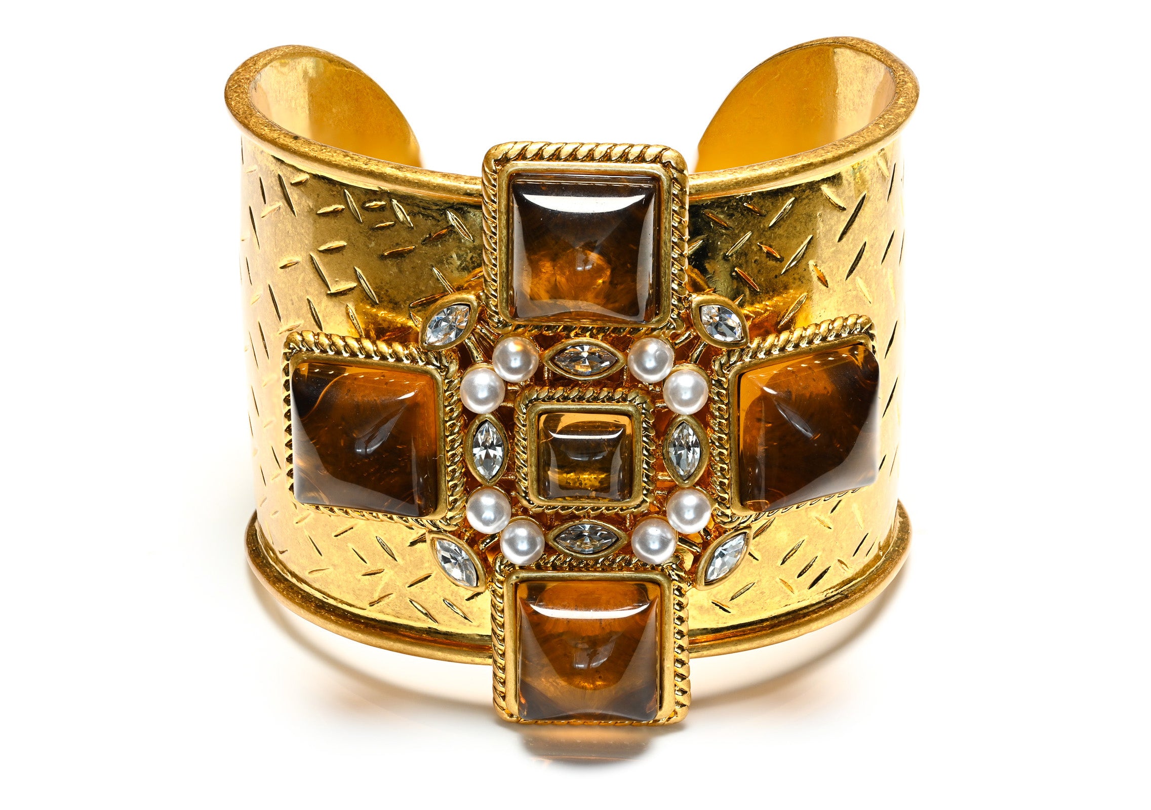 Vintage Wide Gold Plated Brown Cabochon Glass Pearl Cross Cuff Bracelet 2