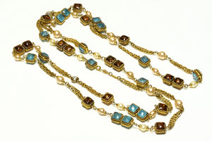 Vintage Chanel Paris Gripoix Blue Brown Glass Pearl Sautoir Necklace