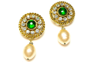 Vintage Chanel Paris Gripoix Green Glass Crystal Pearl Drop Earrings