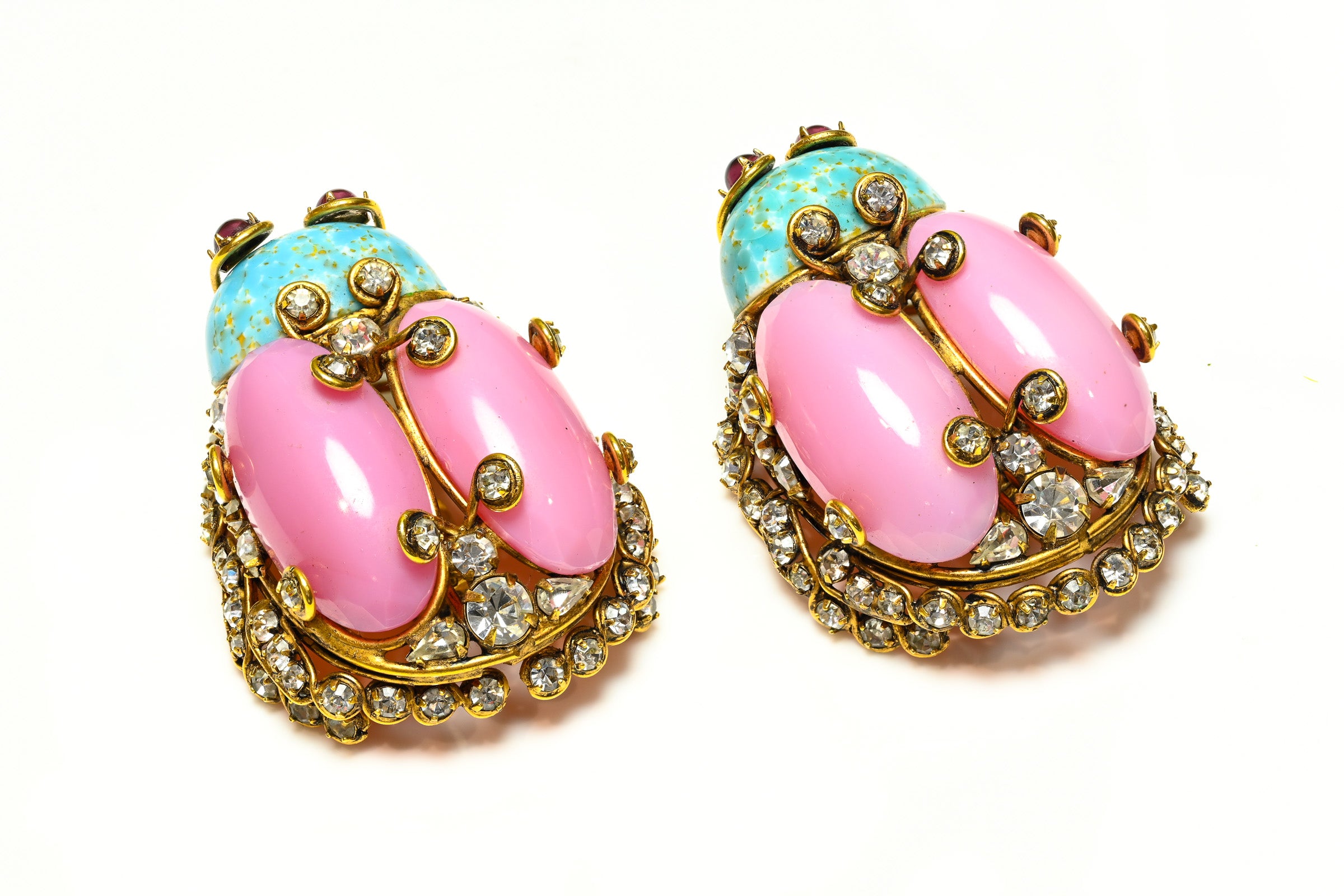 Vintage Iradj Moini Blue Pink Crystal Large Bugs Earrings 1