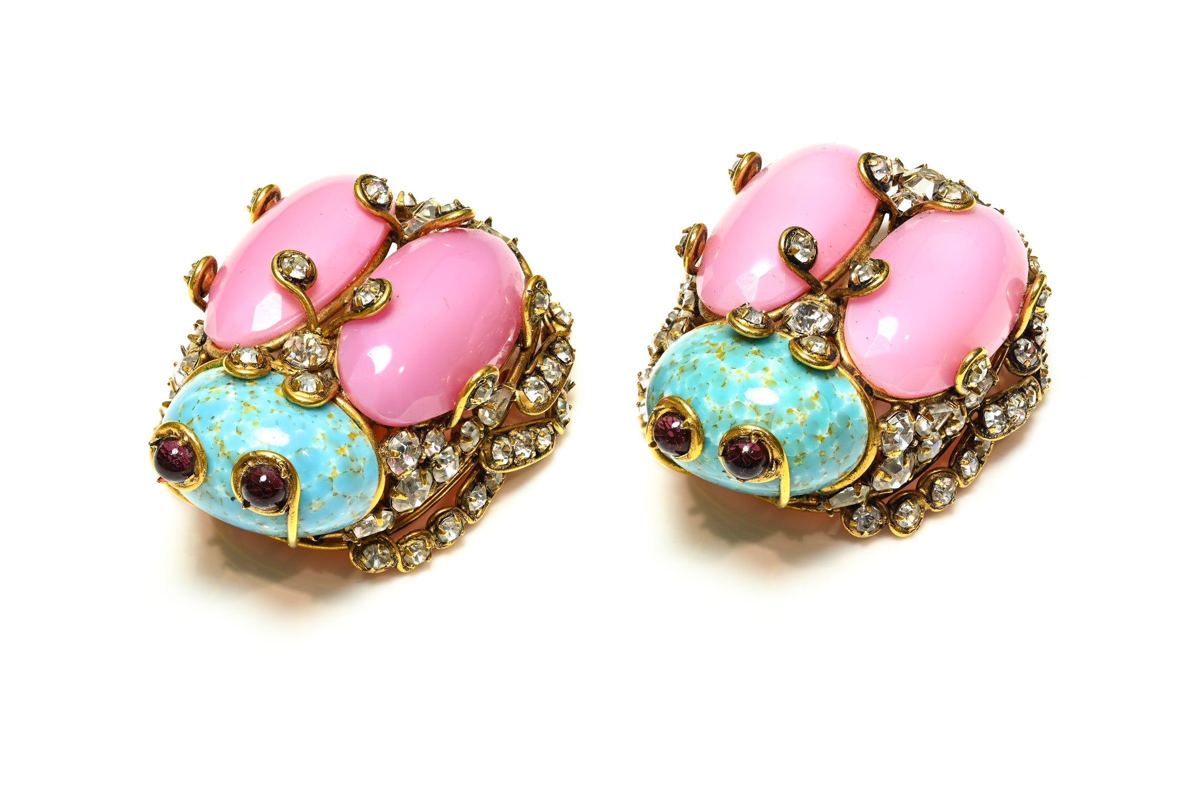 Vintage Iradj Moini Blue Pink Crystal Large Bugs Earrings