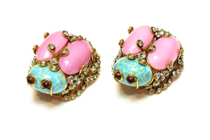 Vintage Iradj Moini Blue Pink Crystal Large Bugs Earrings